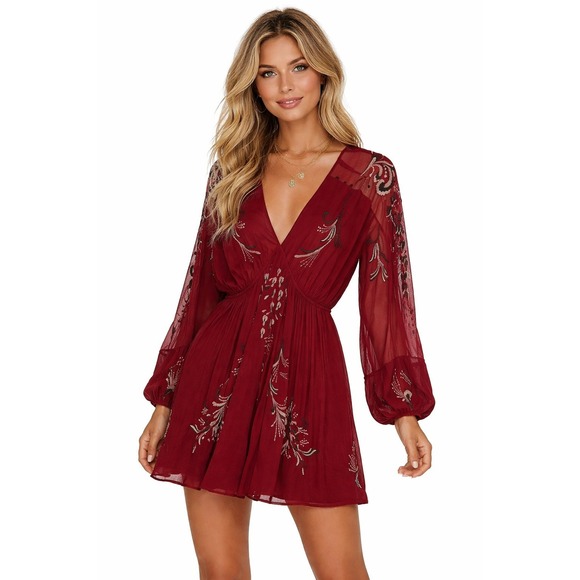 Free People Dresses & Skirts - Free People Burgundy Embroidered Mesh Mini Dress M Boho Festival V-Neck Red